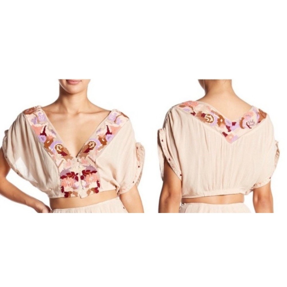free people Women's Santoshi  Needlepoint embroidered Crop Gauze Top Sz XS/2 Tan